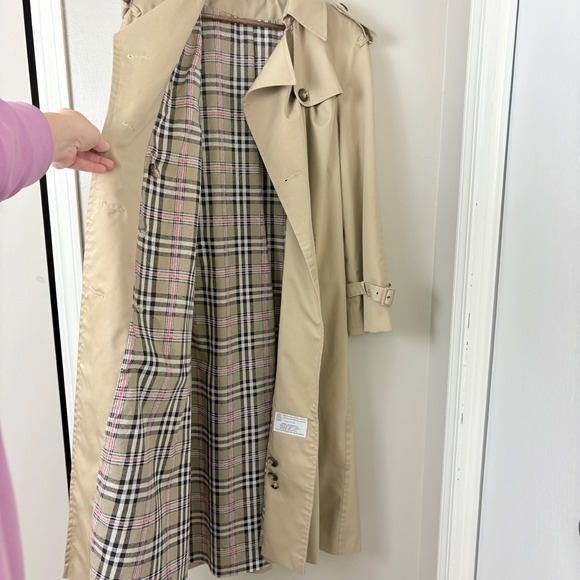 Vintage Classic Beige Double Breasted Trench Coat Plaid Lining Womens L/XL  Prep - Picture 6 of 15